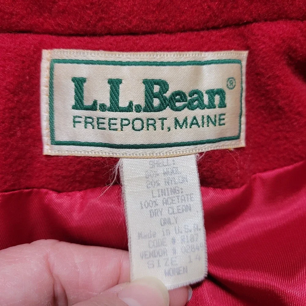Vintage LL‎ Bean Wool Coat Womens 14 Red Long Coat Double Breast Classic Jacket